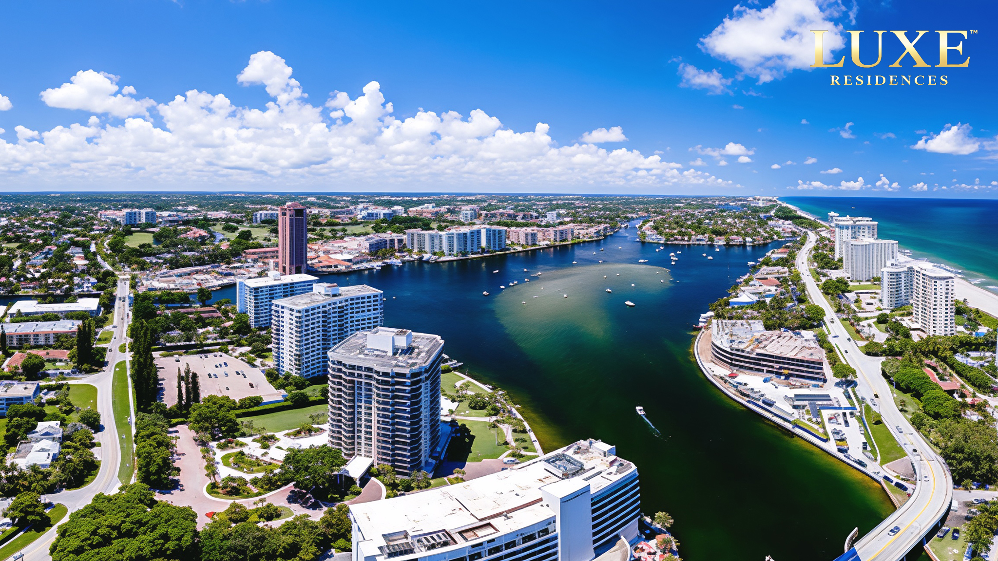 South Florida luxury condo skyline and waterfront aerial view